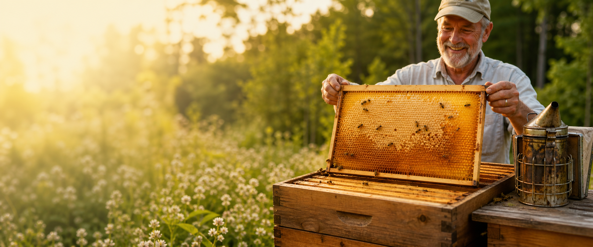 Smiling beekeeper holding up a frame of capped honeycomb over an open hive, with a smoker beside him and a field of white clover in golden evening light